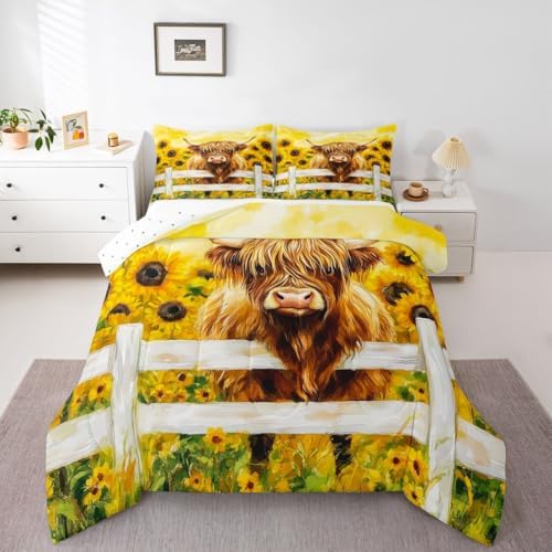 jejeloiu Highland Cow Comforter Set All Season Highland Cattle Bedding Set with 1 Pillow Cases Sunflower Farmhouse Microfiber Kids Toddler Bedclothes Wildlife Bedroom Decor Duvet Quilt Breathable Soft
