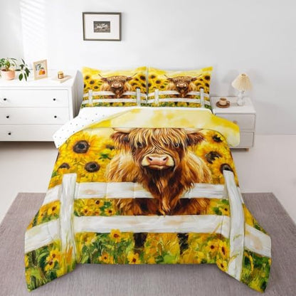 jejeloiu Highland Cow Comforter Set All Season Highland Cattle Bedding Set with 1 Pillow Cases Sunflower Farmhouse Microfiber Kids Toddler Bedclothes Wildlife Bedroom Decor Duvet Quilt Breathable Soft