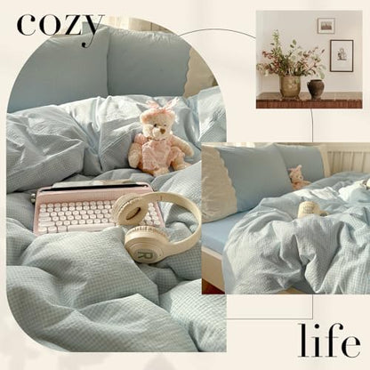 LifeTB Blue Gingham Comforter Set Full Size Romantic Lace Style Checkered Plaid Comforter Set 3 Pieces Blue Grid Bed Comforter with 2 Pillowcases Soft Fluffy Farmhouse Plaid Gingham Bedding Set