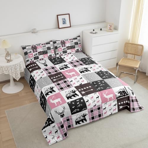 Homewish Bear Silhouette King Size Comforter Set,Kids Pink Gray Grid Decor All Season Bedding Set,Teens Stars Arrow Comforter,Rustic Farmhouse Decor Quilt Set Bedroom Collection 3Pcs