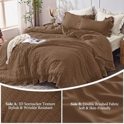 JOLLYVOGUE King Size Comforter Set, 3 Pieces Oak Brown Seersucker Comforters King Size, Lightweight & Fluffy Bedding Sets King for All Season with 1 Ruffle Comforter and 2 Ruffle Pillowshams