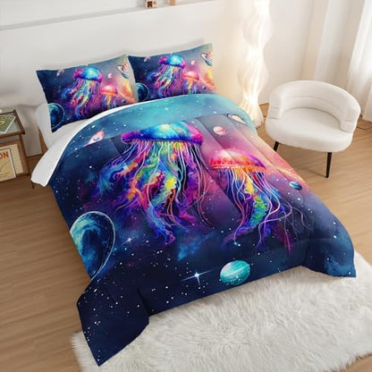 Glowing Jellyfish Comforter Set King Size with 2 Pillowcases.