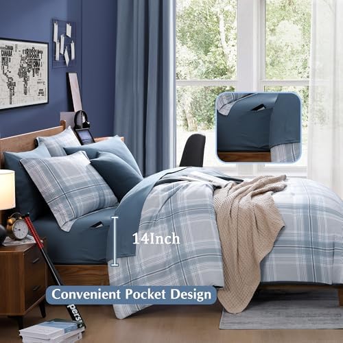 Plaid Twin XL Comforter Set Light Blue 5 Pieces College Dorm Bed in a Bag