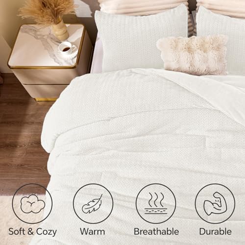 ChiXpace Fleece Twin Size Comforter Set White, Fluffy Bed Set 2 Pieces