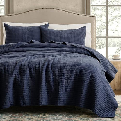 WDCOZY 100% Cotton Twin Size Quilt Set, Channel Pick Stitch, Navy Blue