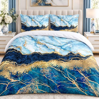 Royal Blue Marble Duvet Cover Set Twin Size Sequin Gold Bedding Comforter Covers with 2 Pillow Shams Breathable Durable Soft Comfy