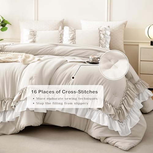 Masaca Ruffled King Comforter Set,Farmhouse Shabby Boho Chic Wheat and White Bedding Comforter Lightweight Ultra Soft Vintage French Country Bedding Set 3Pcs (1 Ruffle Comforter and 2 Pillowcases)