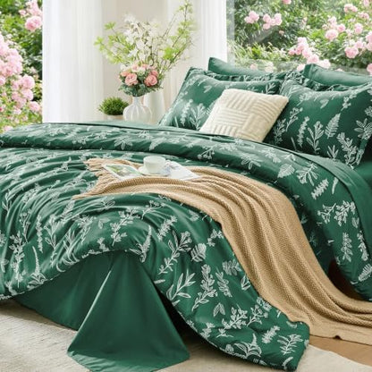 MUXHOMO Emerald Green Full Comforter Set, Elegant Floral Print Bed in a Bag 7 Pieces, Ultra Soft & Breathable Reversible Botanical Pattern Bedding Set with Comforter, Sheets, Pillowcases, and Shams