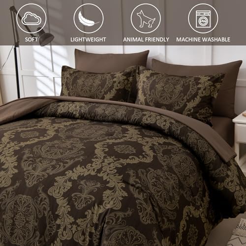 WONGS BEDDING Damask Comforter Set Queen Size, Coffee Gold Texture Design 7 Pcs Bed in a Bag Microfiber Comforter Bedding Sets -1 Comforter, 1 Flat Sheet, 1 Fitted Sheet, 2 Pillow Shams, 2 Pillowcases