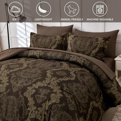 WONGS BEDDING Damask Comforter Set Queen Size, Coffee Gold Texture Design 7 Pcs Bed in a Bag Microfiber Comforter Bedding Sets -1 Comforter, 1 Flat Sheet, 1 Fitted Sheet, 2 Pillow Shams, 2 Pillowcases