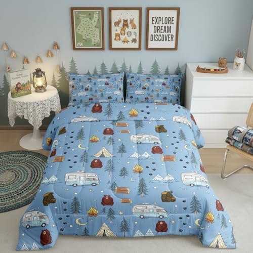 Homewish Cartoon Tents Camp Camper Comforter Set Twin Size,Camping Picnic Bedding Sets 2Pcs for Kids Girls Boys Teens Room Decor,Woodland Bear Quilted Duvet Snow Mountain Down Comforter,1 Pillowcase