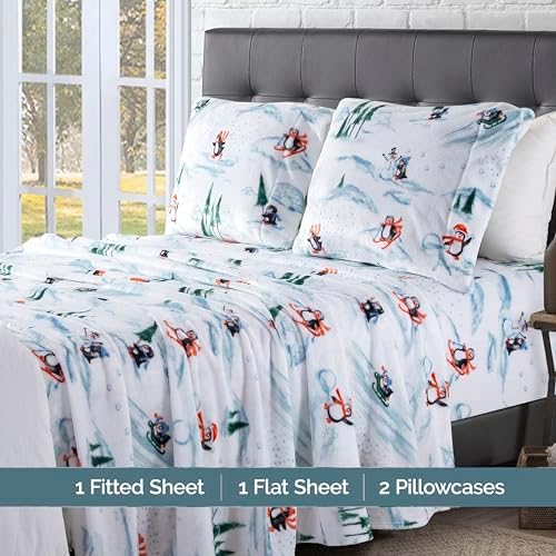 Elegant Comfort Luxuriously Soft 4-Piece Holiday Velvet Plush Flannel Sheet Set - Premium Quality - Cozy Warm, Christmas Fuzzy Velvet Flannel Fleece Deep Pocket Sheet Set - Cal King, Skiing Penguins