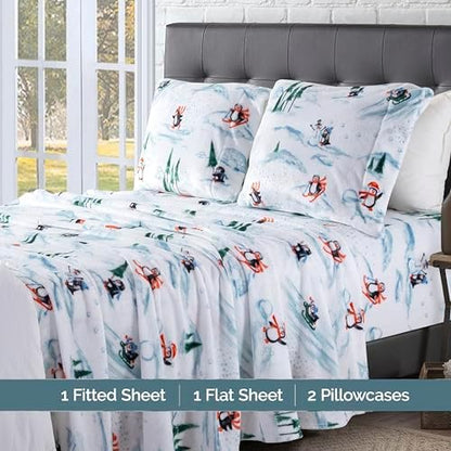 Elegant Comfort Luxuriously Soft 4-Piece Holiday Velvet Plush Flannel Sheet Set - Premium Quality - Cozy Warm, Christmas Fuzzy Velvet Flannel Fleece Deep Pocket Sheet Set - Cal King, Skiing Penguins