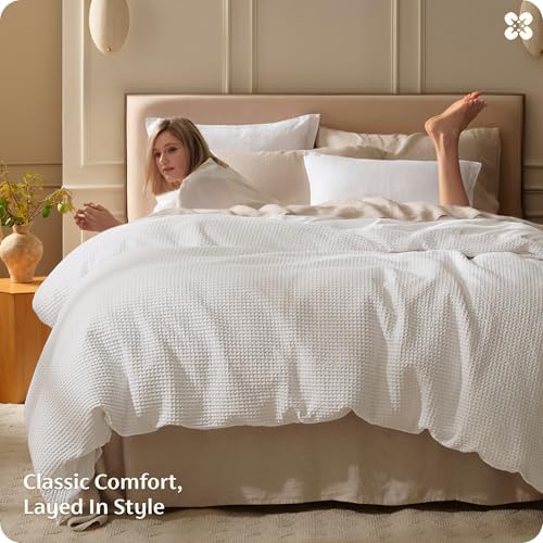Bedsure PureWoven Cotton Waffle Weave Duvet Cover, White, Duvet Cover Only