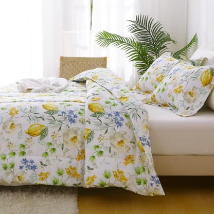 Mooreeke Floral Queen Size Comforter Sets, Lemon Blossoms Patterned Bed in a Bag for All Seasons, 3-Piece Farmhouse Rustic Bedding Set with Fluffy Quilted Reversible Comforter & 2 Pillow Shams
