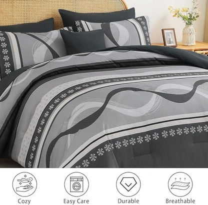 Anibedding Grey Comforter Set Full Size,8 Pieces Striped Bed in a Bag