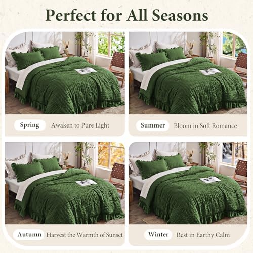 JOLLYVOGUE Dark Green Oversized Queen Comforter Set,3pcs Seersucker Bed Set