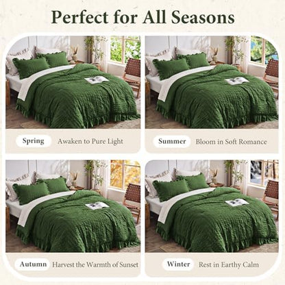 JOLLYVOGUE Dark Green Oversized Queen Comforter Set,3pcs Seersucker Bed Set