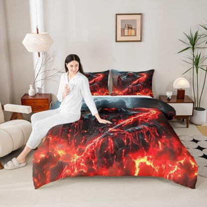 Human Skeleton Kids Comforter Set Full Size,Fire Skull Dark Clouds Gothic Western Bedding Set,Girls Boys Room Decor,Happy Halloween Trippy Quilt Comforter,Vintage Chic Duvet Insert,2 Pillowcases