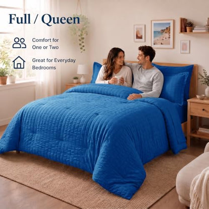 CozyLux Full Comforter Sets, 7 Pieces Classic Blue Seersucker Bed in a Bag