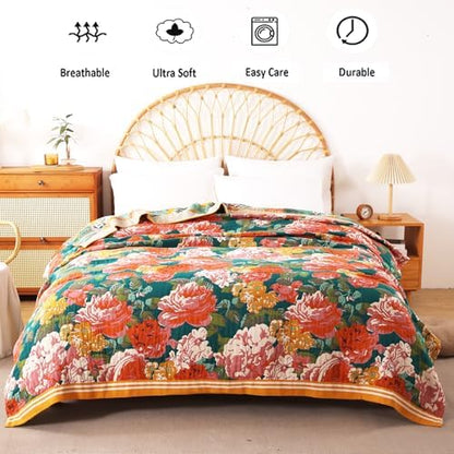 VANJOROY Boho Throw Blanket, 100% Organic Cotton Breathable Ultra Soft 80" x 90" Bed Quilt Throw - All Season Floral Rustic Farmhouse Decor Luxury Reversible Blanket for Sofa Couch Chair and Gift