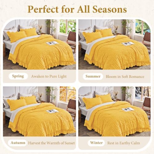 JOLLYVOGUE Pumpkin Yellow Queen Comforter Set,3pcs Seersucker Bed Set