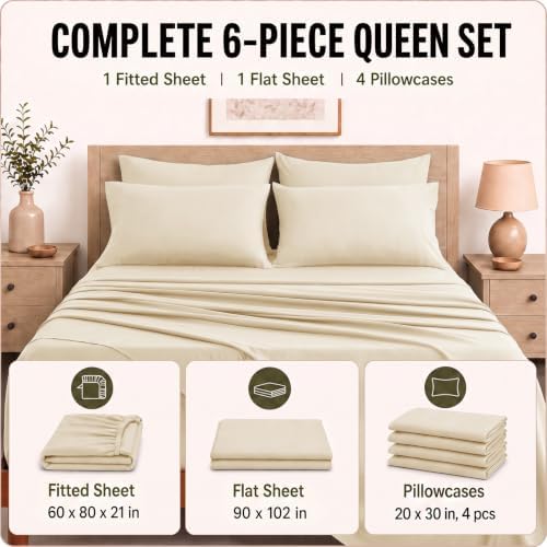 CozyLux Queen Sheet Set 6-Piece, 21-Inch Deep Pocket, Soft Brushed Feel