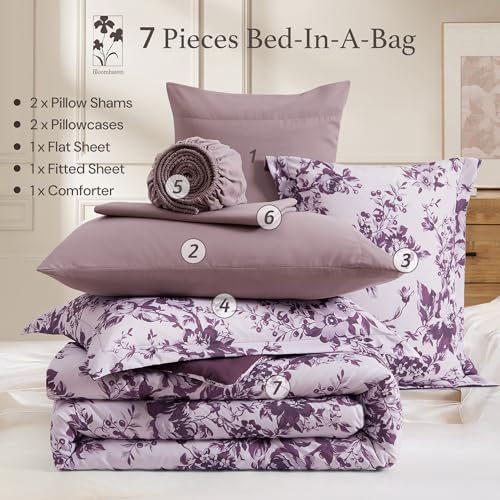 BLOOMHAVEN Full Size Comforter Sets-7 Pieces Purple Floral Bed in a Bag