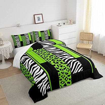 Leopard Zebra Comforter Set Full Size Kids Cheetah Green White Black Comforter for Boys Teens Animal Print Bedding Set Safari Duvet Set Geometric Room Decor Quilt Boys