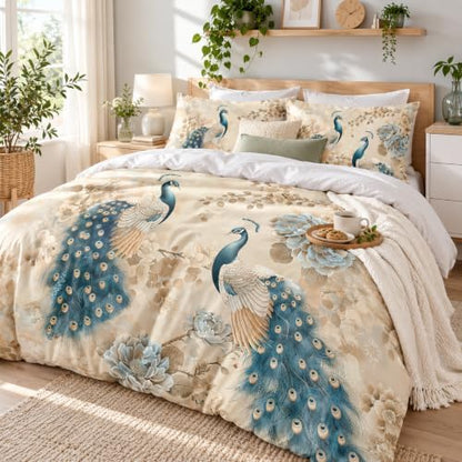 CCoutueChen Peacock Comforter Set Queen Size, Oriental Birds Floral Microfiber Bedding Set, Cozy Asian Bedroom Decor for Adult/Women