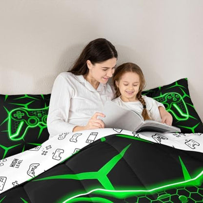Feelyou Gamer Bedding Set Full Size Gaming Duvet Quilt for Kids Teens Adults Game Controller Comforter Set Geometric Gamepad Green Room Decor 3Pcs with 2 Pillow Case
