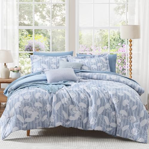 BLOOMHAVEN Full Size Comforter Sets-7 Pieces Dusk Blue Floral Bed in a Bag