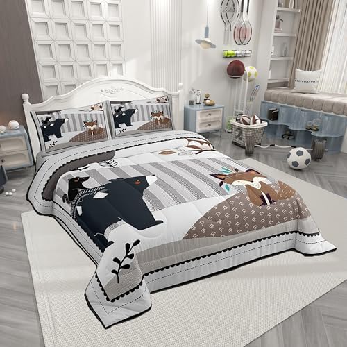 Castle Fairy Cartoon Animal Twin Size Comforter Set,Cute Bear Owl Fox and Plant Duvet Set for Kids Boys Bedroom,Exotic Indian Style Soft Microfiber Bedding Comforters,2 Pcs