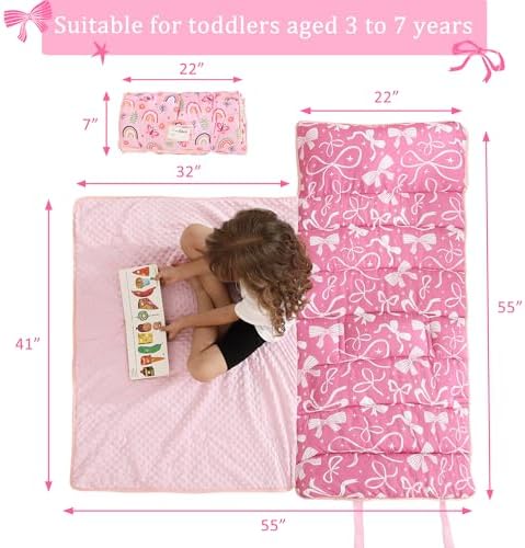 Toddler Nap Mat for Preschool 50''x30'' Sleeping Mat with Removable Pillow and Minky Blanket for Kids Ages 3-7 Roll Up Soft Sleeping Bag for Boys Girls Kindergarten Daycare Sleepover