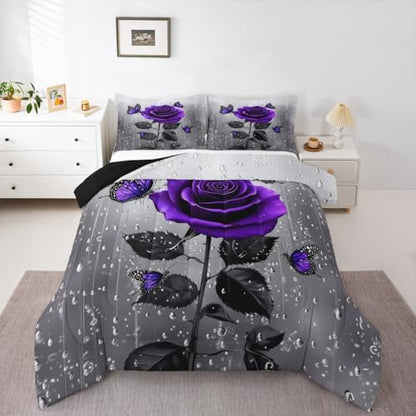 3D Rose Comforter Set Floral Print Bedding Set Romantic Flowers for Kids Boys Girls Children Teens Bedroom Decor Purple Rose Butterfly Duvet Set Full Size Quilt Set With 2 Pillow Case