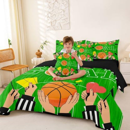 Erosebridal Boys Basketbal Gaming Pattern Green Boys Kids 7 Piece Bedding Set Twin | Playground Comforter Set with Sheets Ball Games Sports Theme Bed in A Bag Geometric Bed Sets