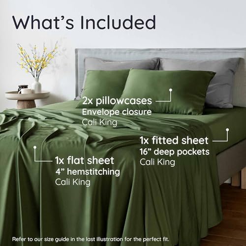 Bambaw California King Sheet Set 4pcs – 100% Viscose Derived from Bamboo Sheets Deep Pocket, Fits Up to 16'' Mattresses, Super Soft & Temperature Cooling Bed Sheets (Olive)