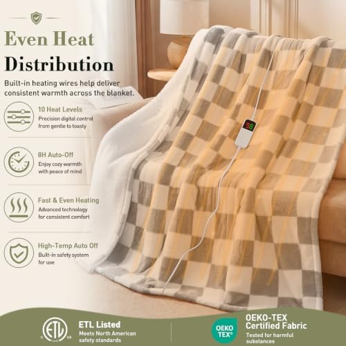 Grey Heated Blanket Electric Full Size 72"X84", Heating Blanket Full