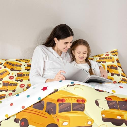 Erosebridal School Bus Queen Comforter Set for Kids, Cartoon Truck Bedding Set for Boys Girls Teens Youth Bedroom Decor, School Theme Comforter, Yellow Vehicle Quilt with 2 Pillowcases, 3 Pcs
