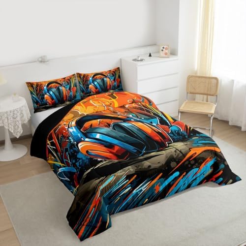 Erosebridal Gaming Headset Comforter Set Graffiti Gamer King Bedding Set for Adult Men Doodle Style Comforter Gaming Headphones Duvet Insert