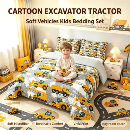 Castle Fairy Boys Cartoon Truck Bedding Set Kids Construction Cars Comforter for Kids Children Machinery Vehicles Comforter Set Construction Site Cars Duvet Set King Size 3Pcs