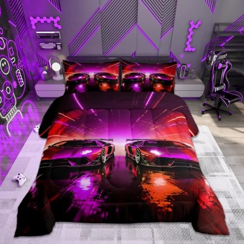 Feelyou Boys Sports Car Comforter Set Queen Size Racing Car Bedding Set for Kids Boys Girls Speed Race Sports Duvet Quilt Racing Extreme Sports Bedroom Decor Microfiber 3 Pcs with 2 Pillow Cases