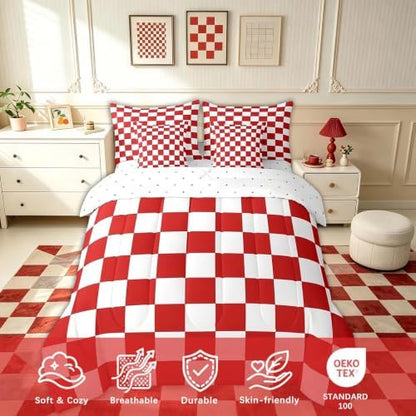 Feelyou Checkered Retro 7 Piece Bedding Set Teen Women Men Red White Plaid Comforter Set with Sheets Queen Size Kids Boys Geometric Vintage Bed in a Bag Modern Simple Groovy Aesthetic Room Decor