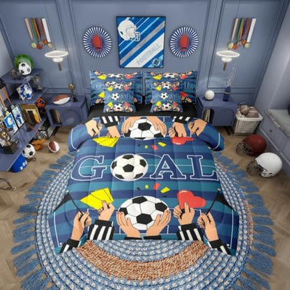 Erosebridal Nacy Blue Boys Kids Football Gaming King 7-Piece Comforter Set | Striped Geometric Sheets and Pillowcases Ball Games Bed in A Bag Playground Soccer Bed Sets