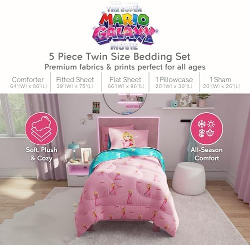 The Super Mario Galaxy Movie Bedding Set, Twin Size 5 Piece Set Kids Super Soft Cozy Reversible Comforter and Sheet Set with Sham, Princess Peach (100% Officially Licensed Product) by Franco
