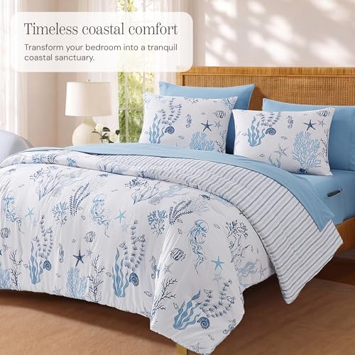 BLOOMHAVEN Full Size Comforter Sets-7 Pieces Coastal Blue Bed in a Bag