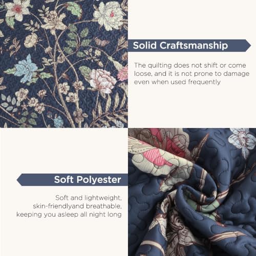 Litanika Floral Ocean Blue Quilt Queen - 3Pcs Botanical Birds Bedding Set