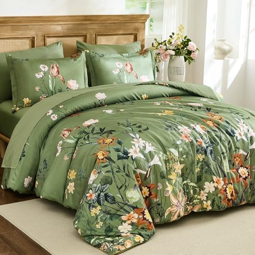 WONGS BEDDING Green Floral Comforter Set King 7 Piece Bedding