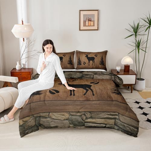 Manfei Rustic Deer Comforter Set Queen Size, Black Trees Deer Paw Print Down Comforter with 2 Pillowcases, Brwon Wooden Plank Bedding Set 3pcs for Kids Boys Room Decor Wild Animal Duvet Insert