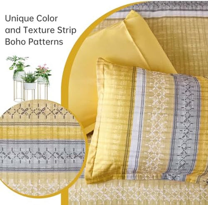 Boho King Comforter Size Set, 8 Pieces Yellow Striped Texture Bed in a Bag Bedding Sets, Lightweight Soft Bohemian Comforter and Sheet Set, All Season Microfiber Teen Boys Bedding Sets for Men Women